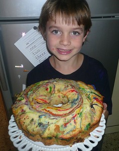 Here's the cake baked.  It has Gems (India MM's) inside plus some swirled food coloring.